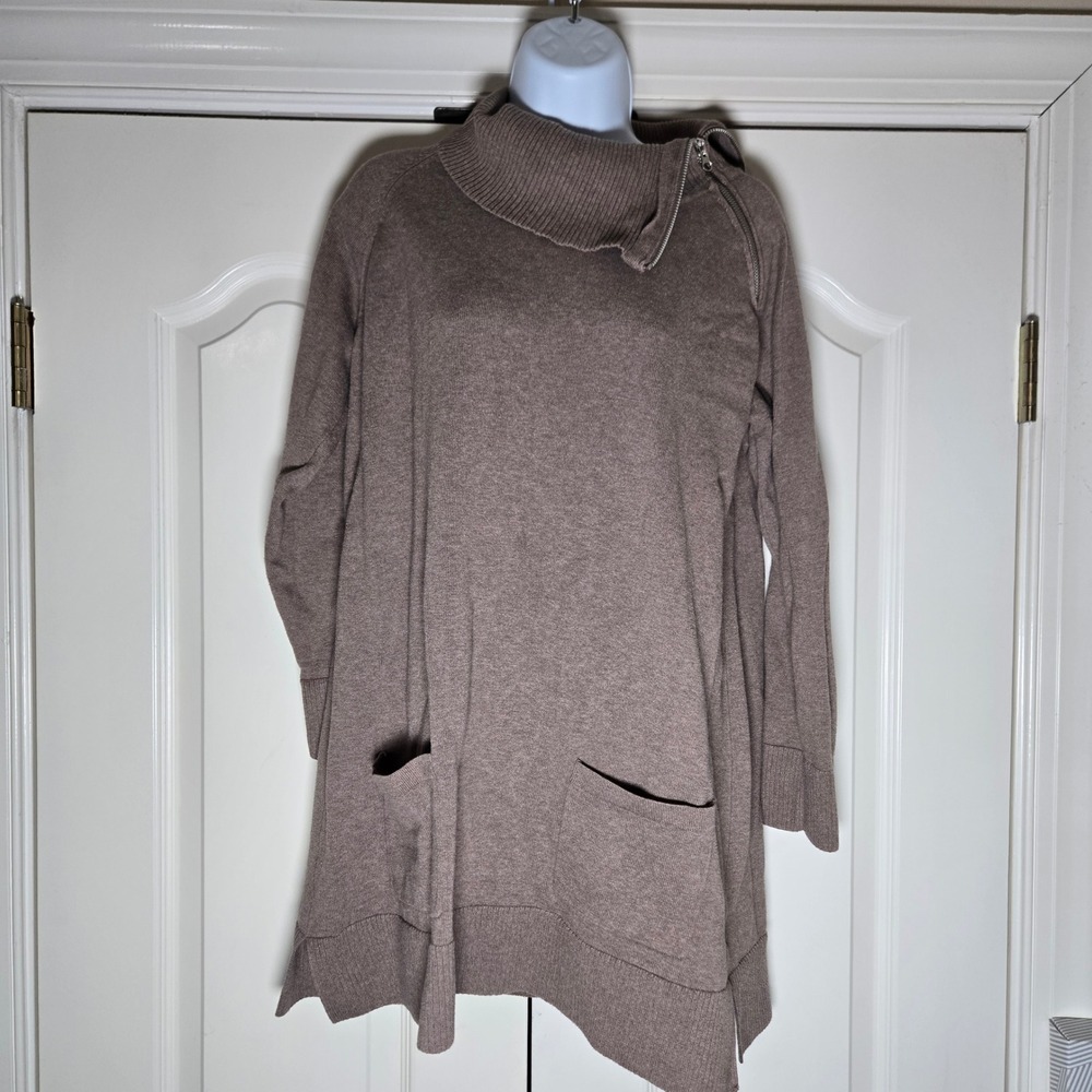 Eight Eight Eight Sweater Womens XL Taupe Brown Cotton Zip Funnel Neck Tunic